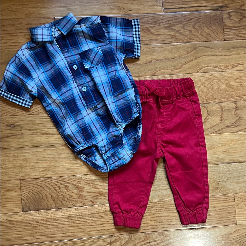Ben Sherman Blue Plaid Shirt and Red Pants Set
